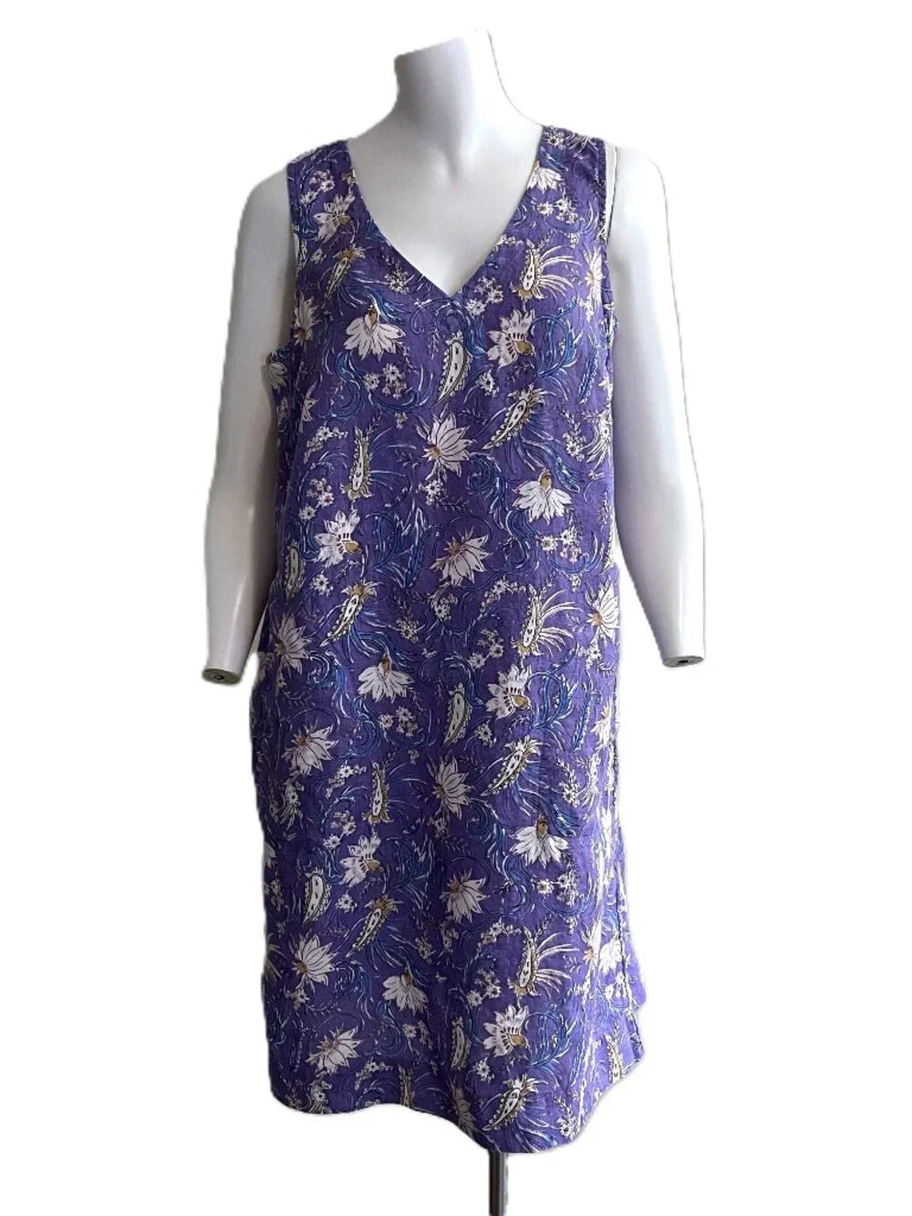 J Jill Love Linen Dress Womens Medium Purple 100% Linen Floral Sleeveless Shift